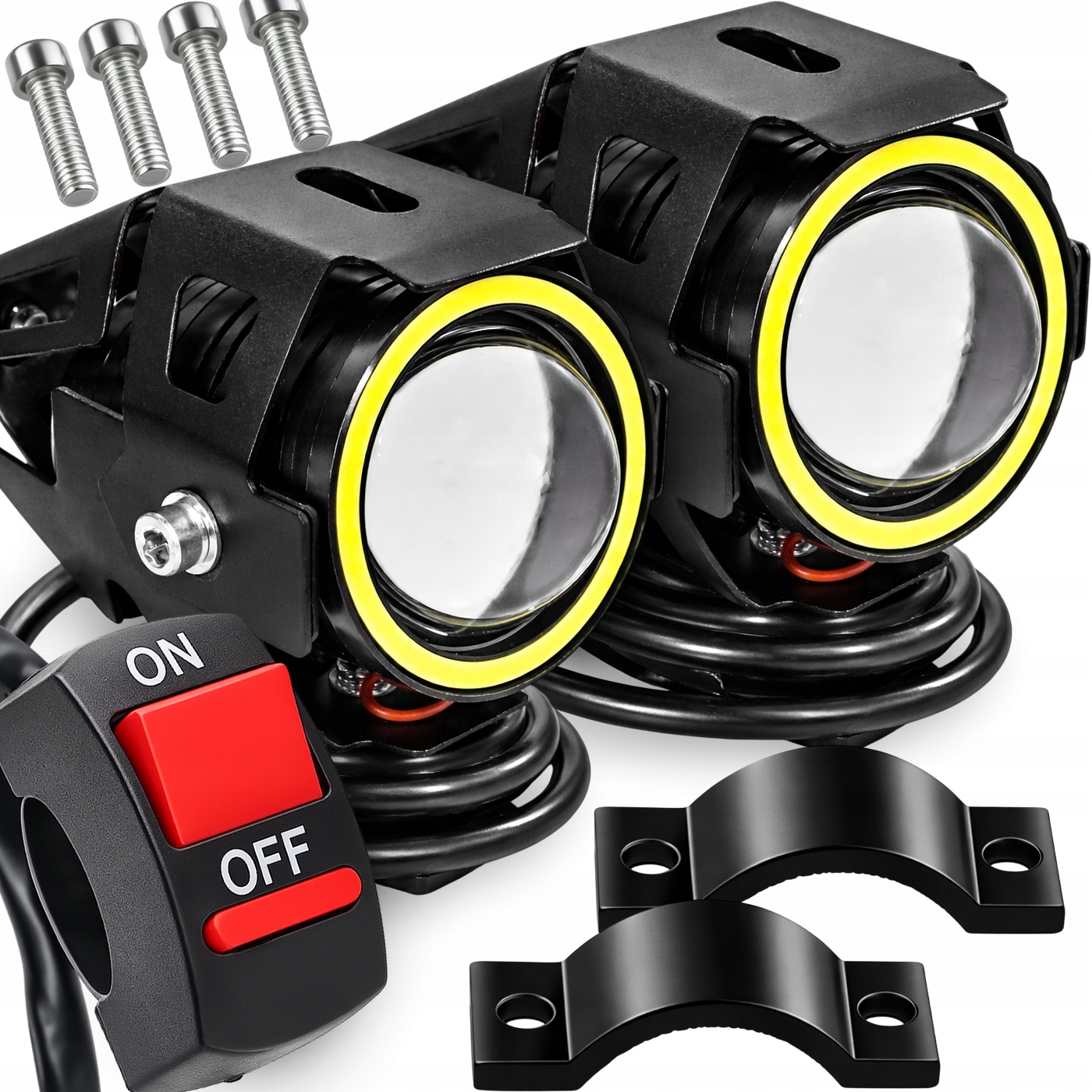 Halogeny Led Motocyklové Čočka Prstencová Lampa 3000LM S Přepínačem Silné