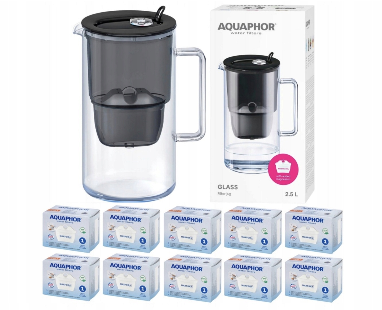 Dzbanek filtrujący szklany biały Aquaphor Glass +10 filtrów Maxfor (4Mg+6H)