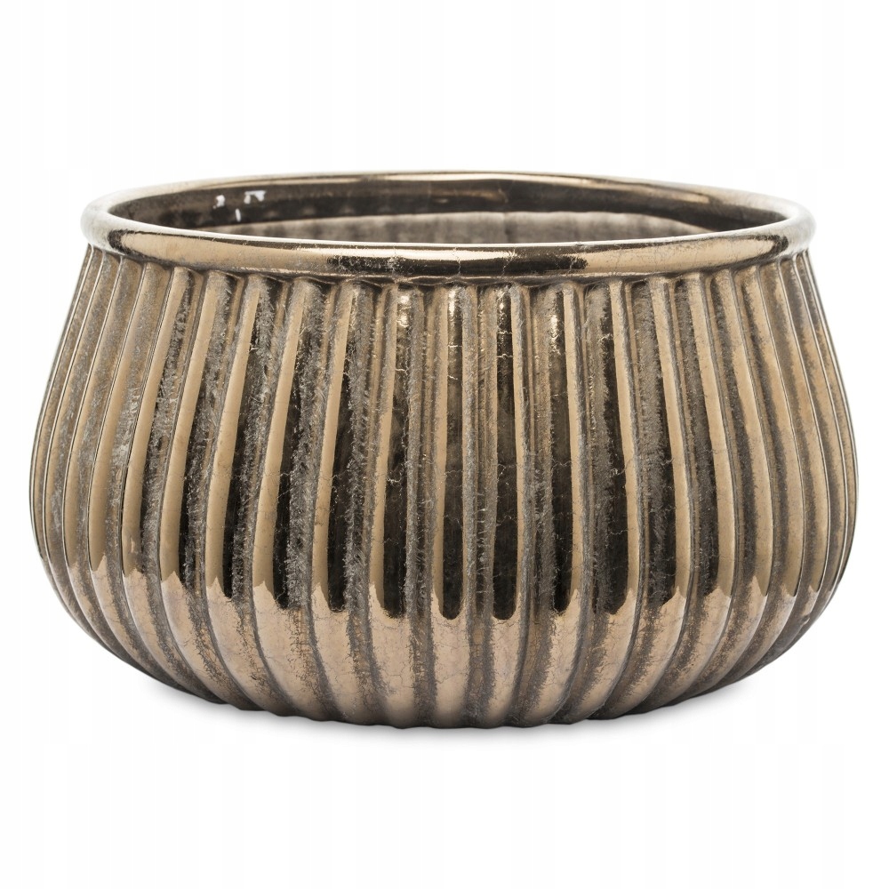 DONICZKA BRĄZOWA ZŁOTA 30x16cm PRĄŻKOWANA CERAMICZNA DONICA OSŁONKA