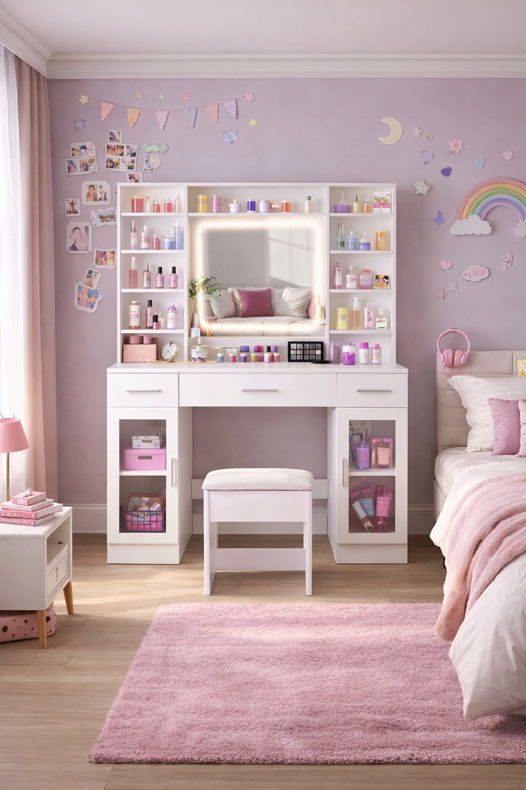 Toaletka z lustrem LED + stołek