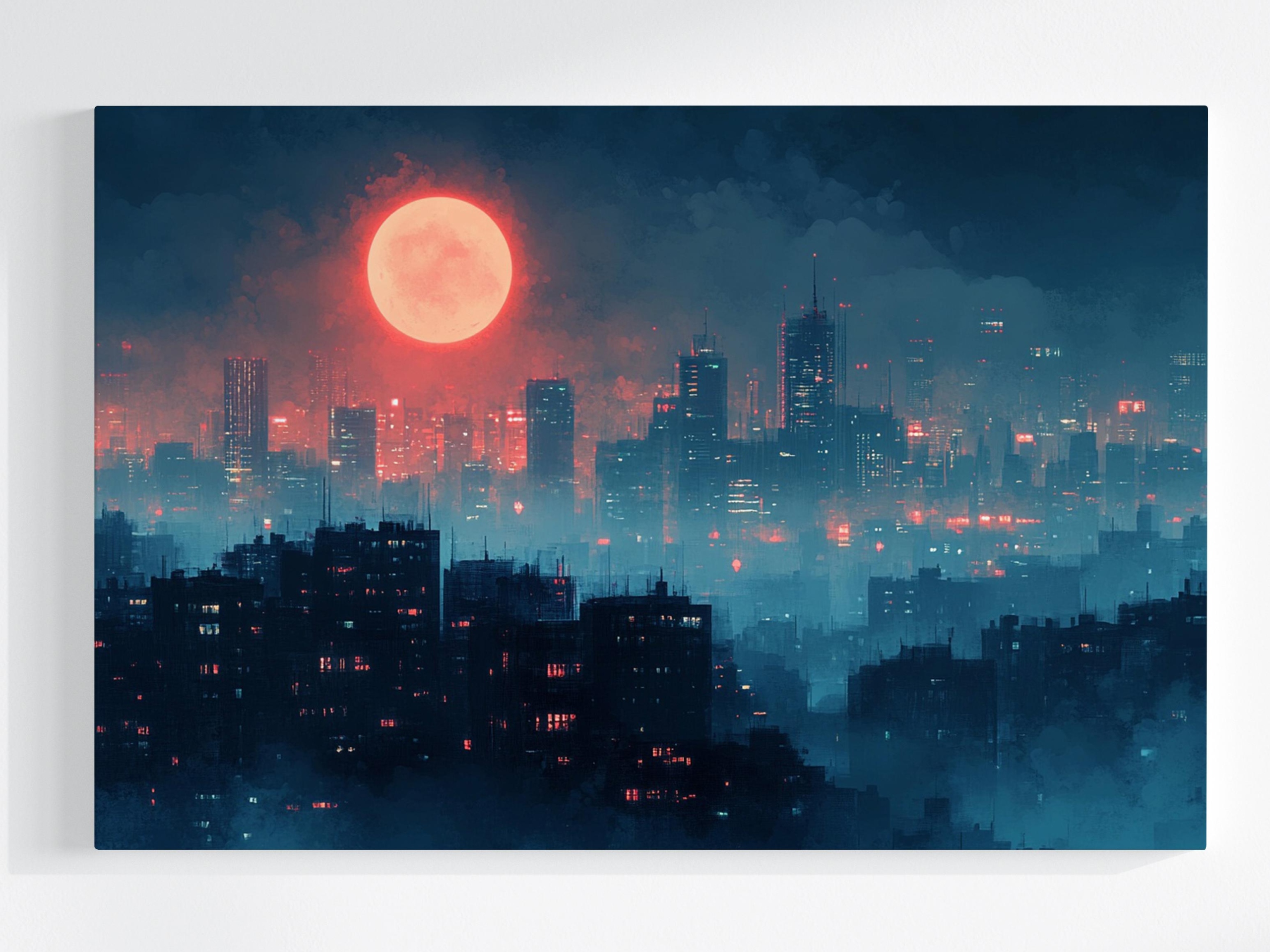 Obraz Na Plátně Canvas Město Mrakodrapy Bloky Noc Červený Měsíc 120x80