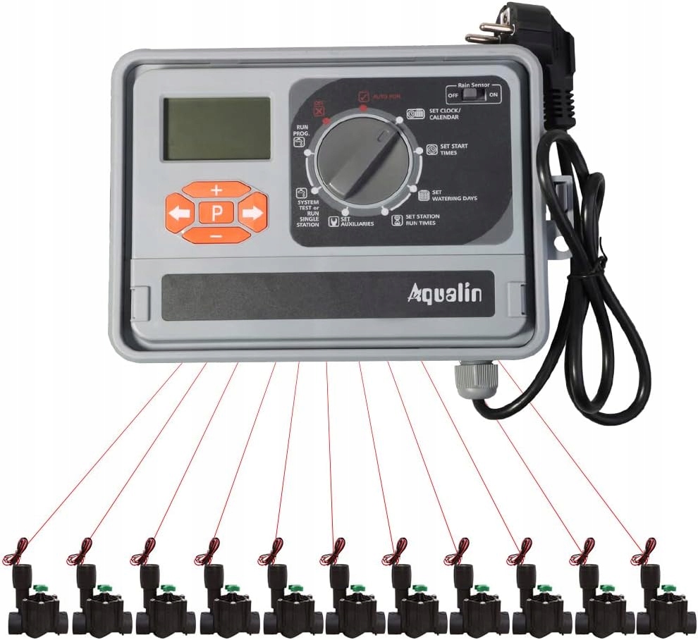Regulátor zavlažovania 11 sekcií Aqualin 1046 napájací zdroj Eu záhradný časovač