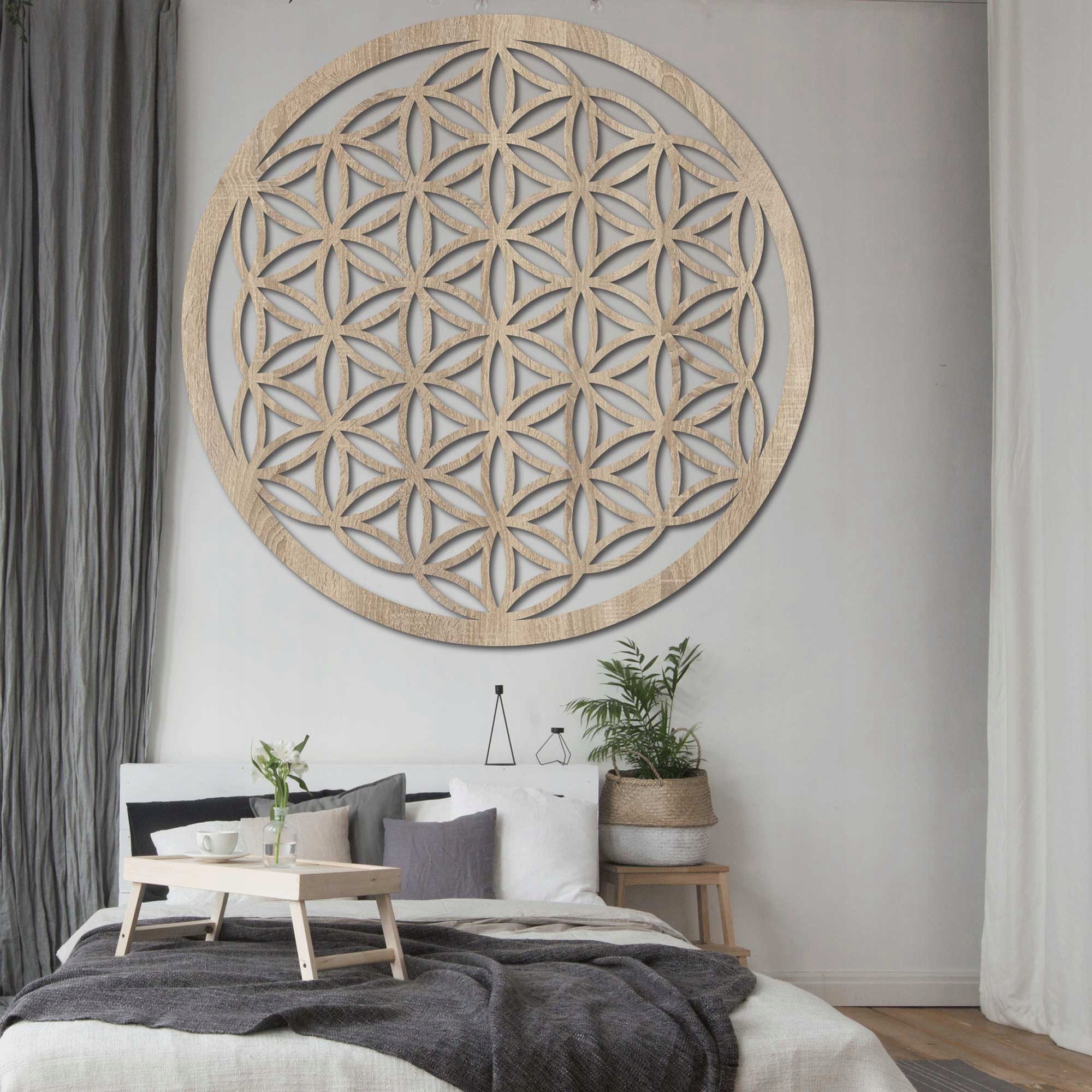Drewniana mandala kwiat życia, Dekoracja ścienna, 150 cm Dąb Sonoma