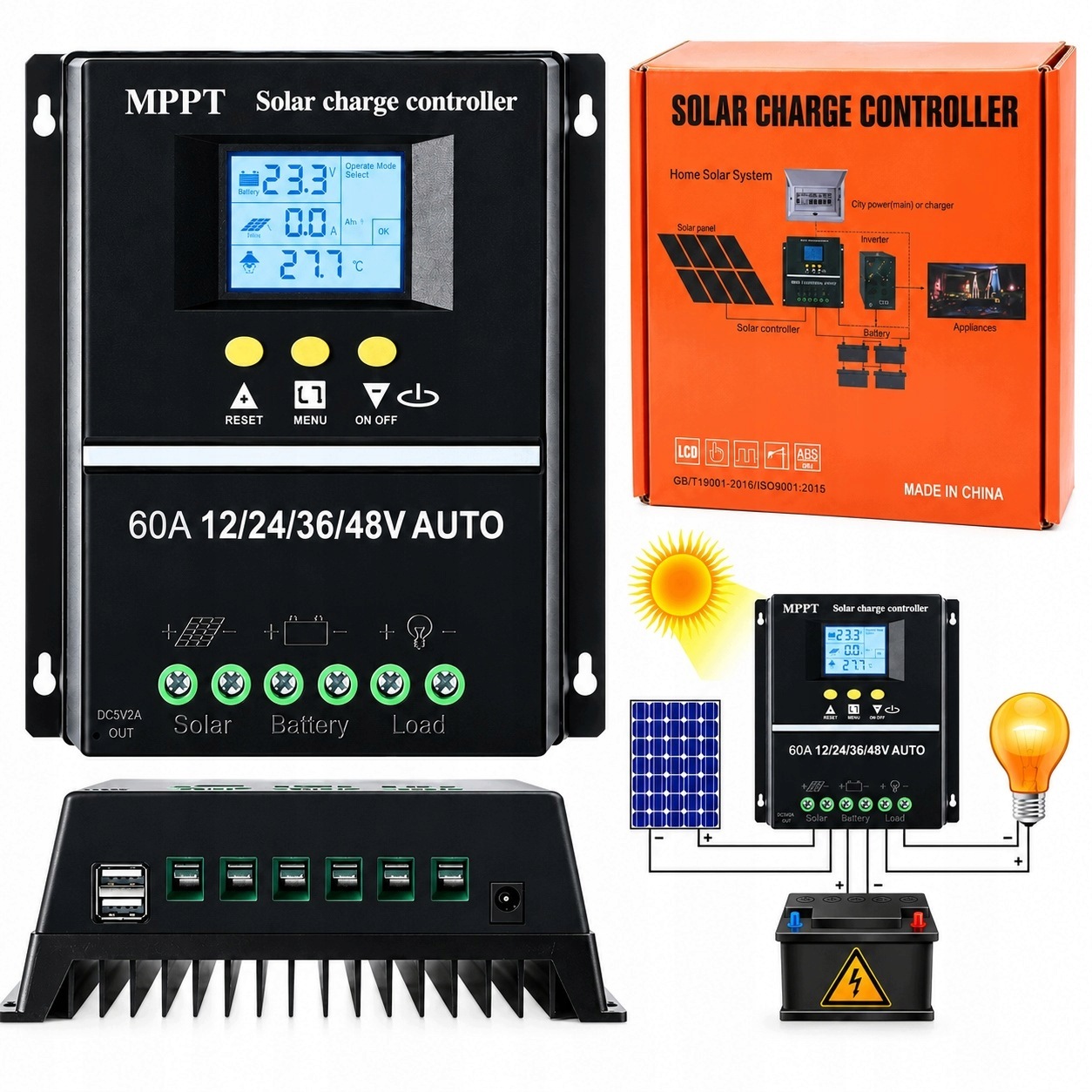 Solární Regulátor Nabíjení Mppt 60A 12V 24V 36V 48V LCD Usb