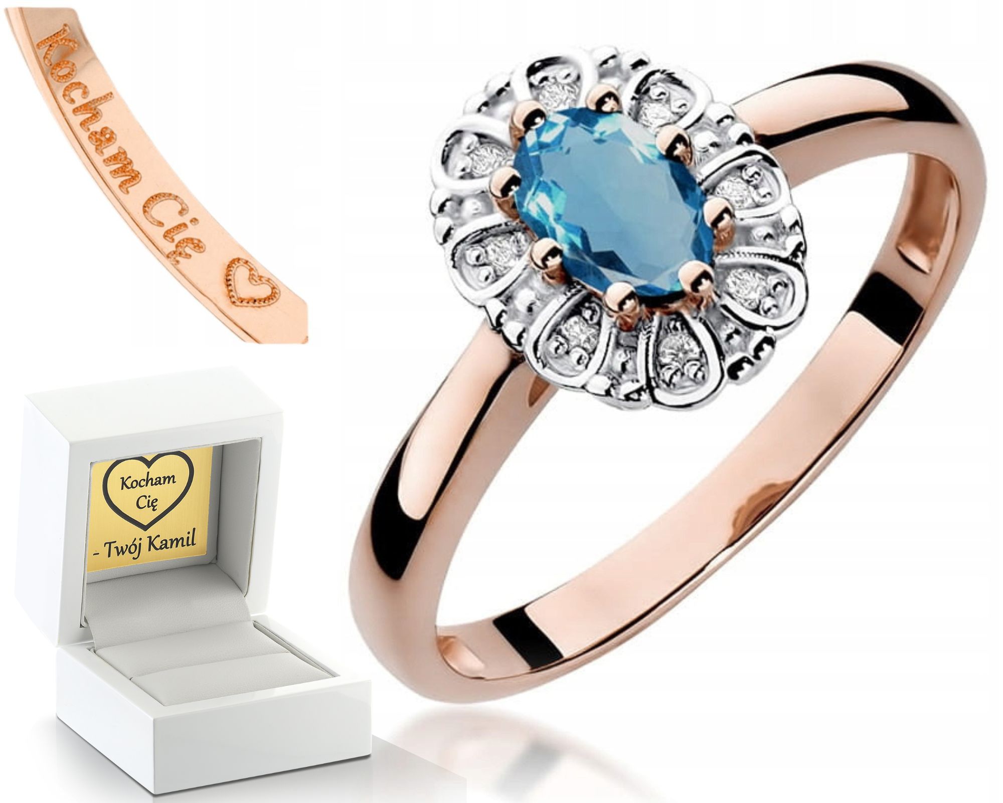 Zlatý Prstýnek S Topazem London Blue Růžové Zlato Gravírování 585 Dárek