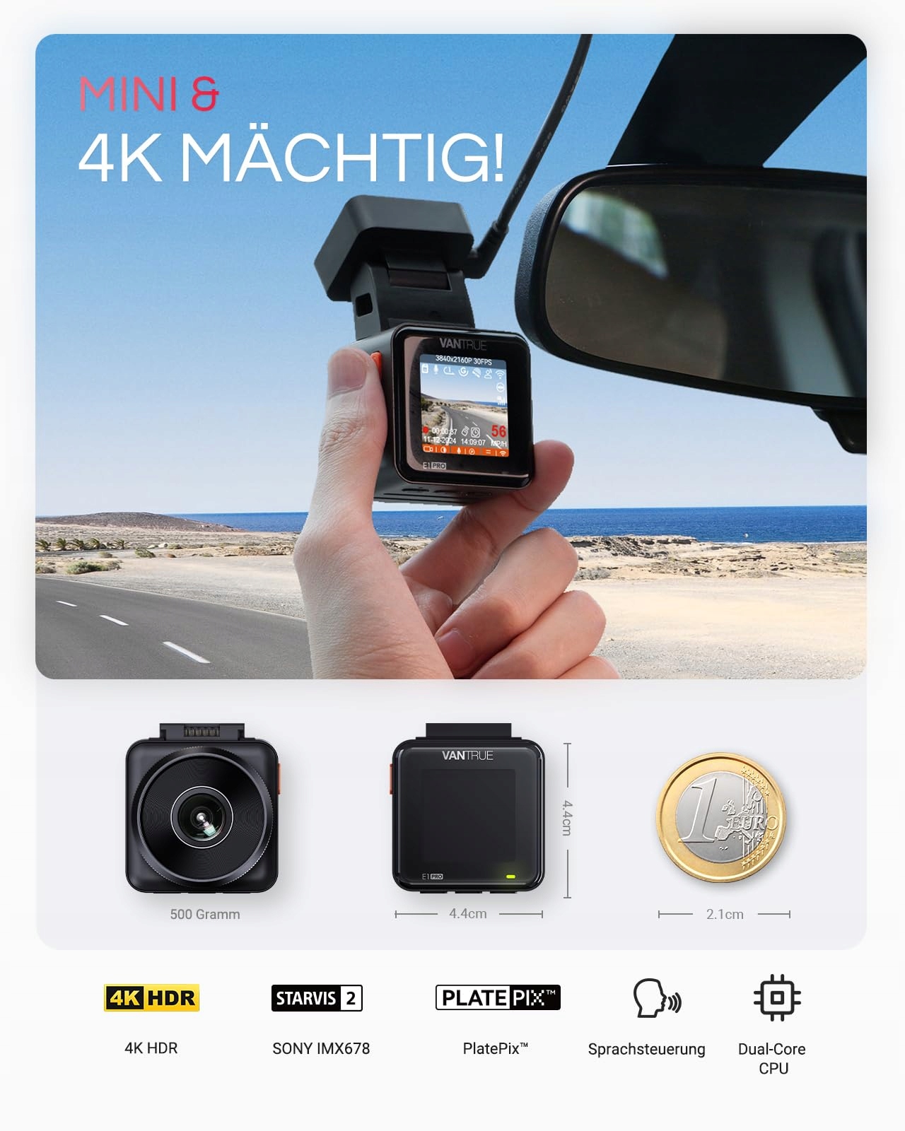 VANTRUE E1 Pro 4K HDR Dash Cam GPS WiFi Night Recording 160° — miniatura 2
