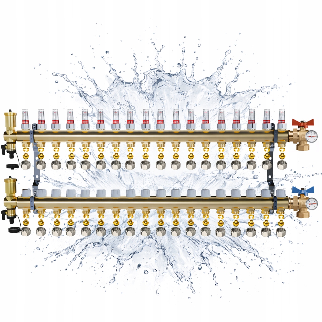 Rozdeľovač Co mosadzný 18 Obvody podlahového vykurovania Teplomery Pex