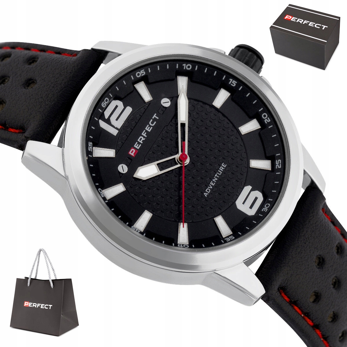 Pánské Sportovní Černé Hodinky Perfect W146-02 44 mm Perforovaný Pásek