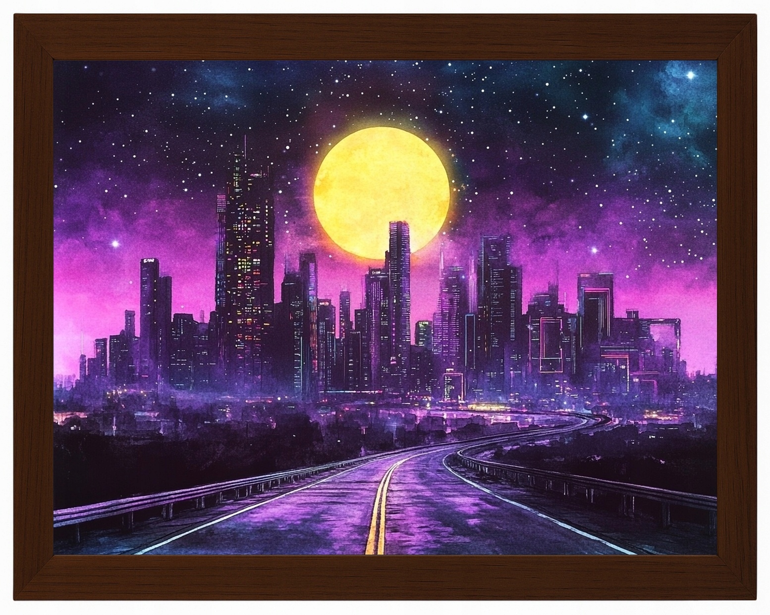 Plakát Rámeček Dřevo Cyberpunk Synthwave Město Mrakodrapy Cesta 80x60