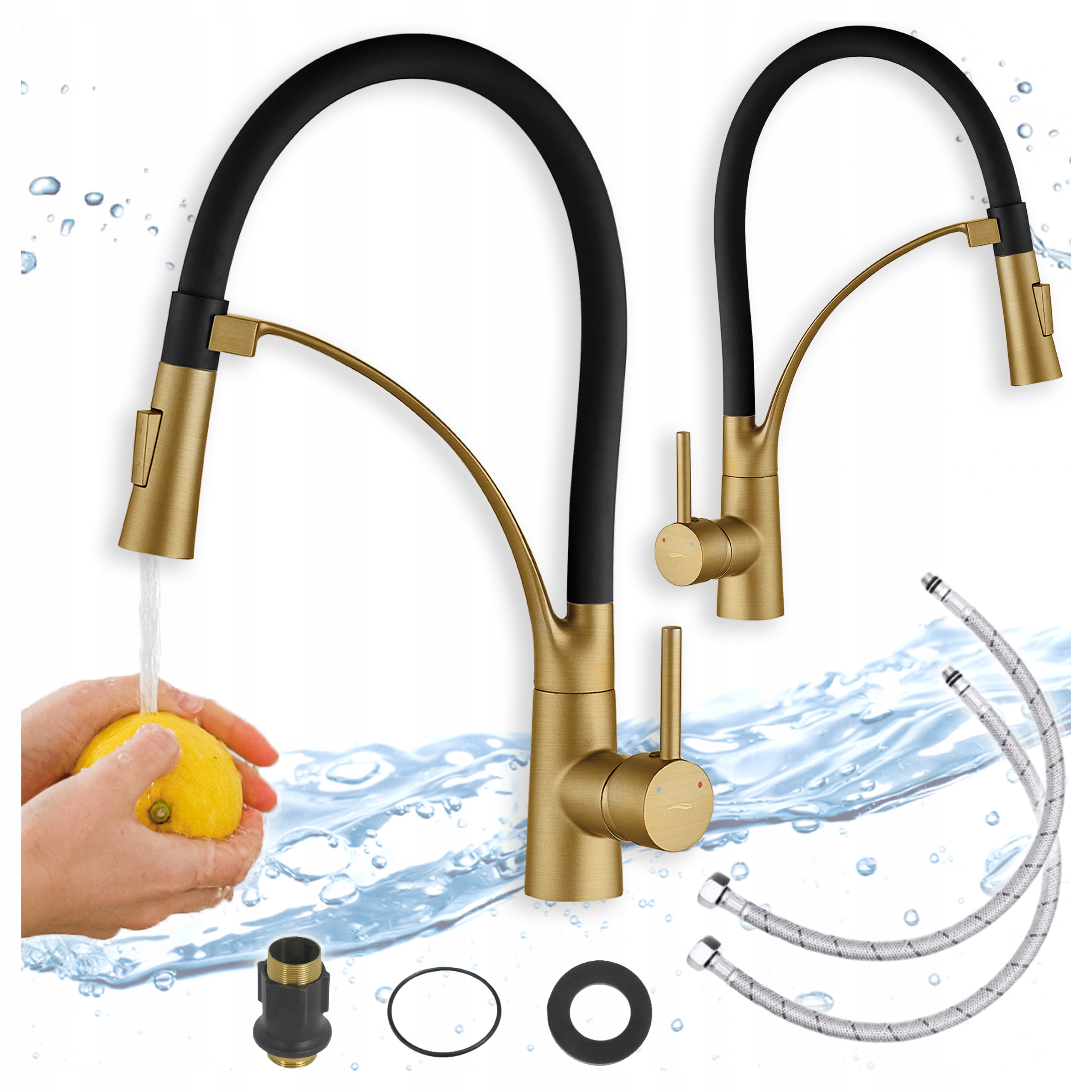 Kuchyňská Baterie Černá Zlatá Stojící Flexibilní Ramínko Kuchyňský kohout Dřez