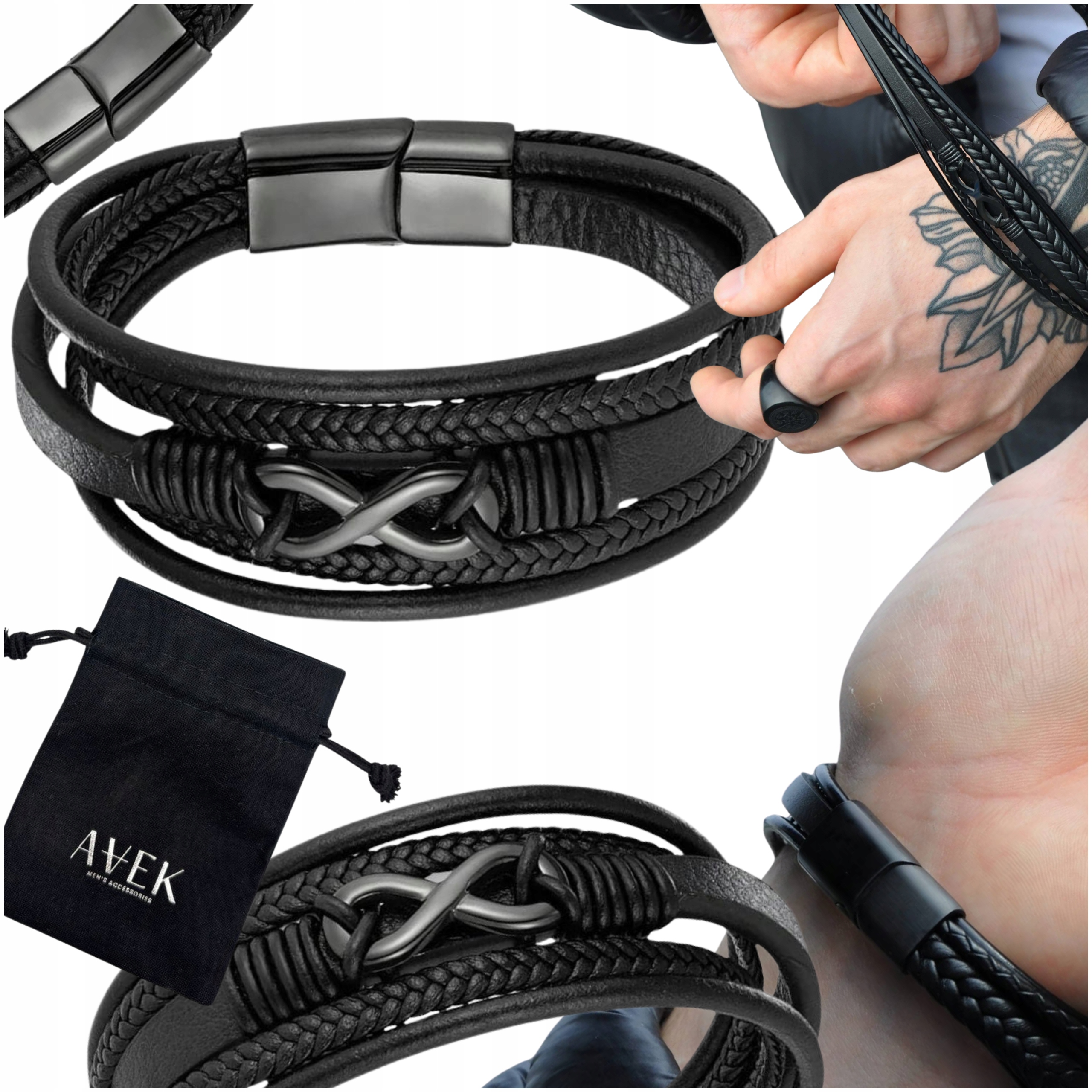 Pánský Náramek Kožený Černý Z Kůže Nekonečno Jako Dárek 19 CM