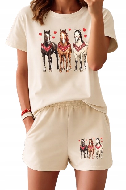 Béžové Pyžamo Koně Srdce Dámské Pyžamo Kůň Bavlněné Pyžamo M