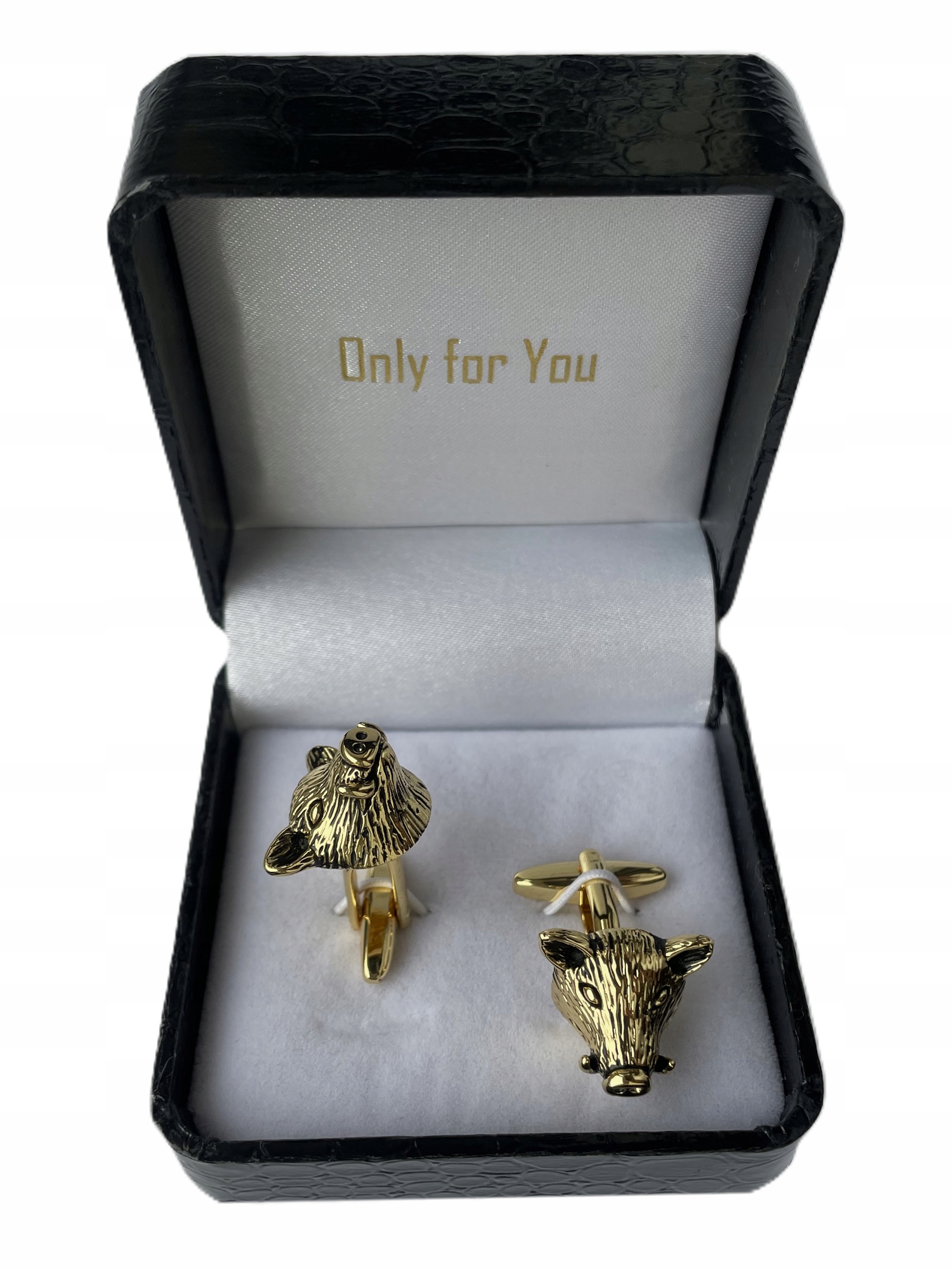 Zlaté manžetové knoflíčky jako dárek pro myslivce Divočáka Divoká hlava V Pouzdru