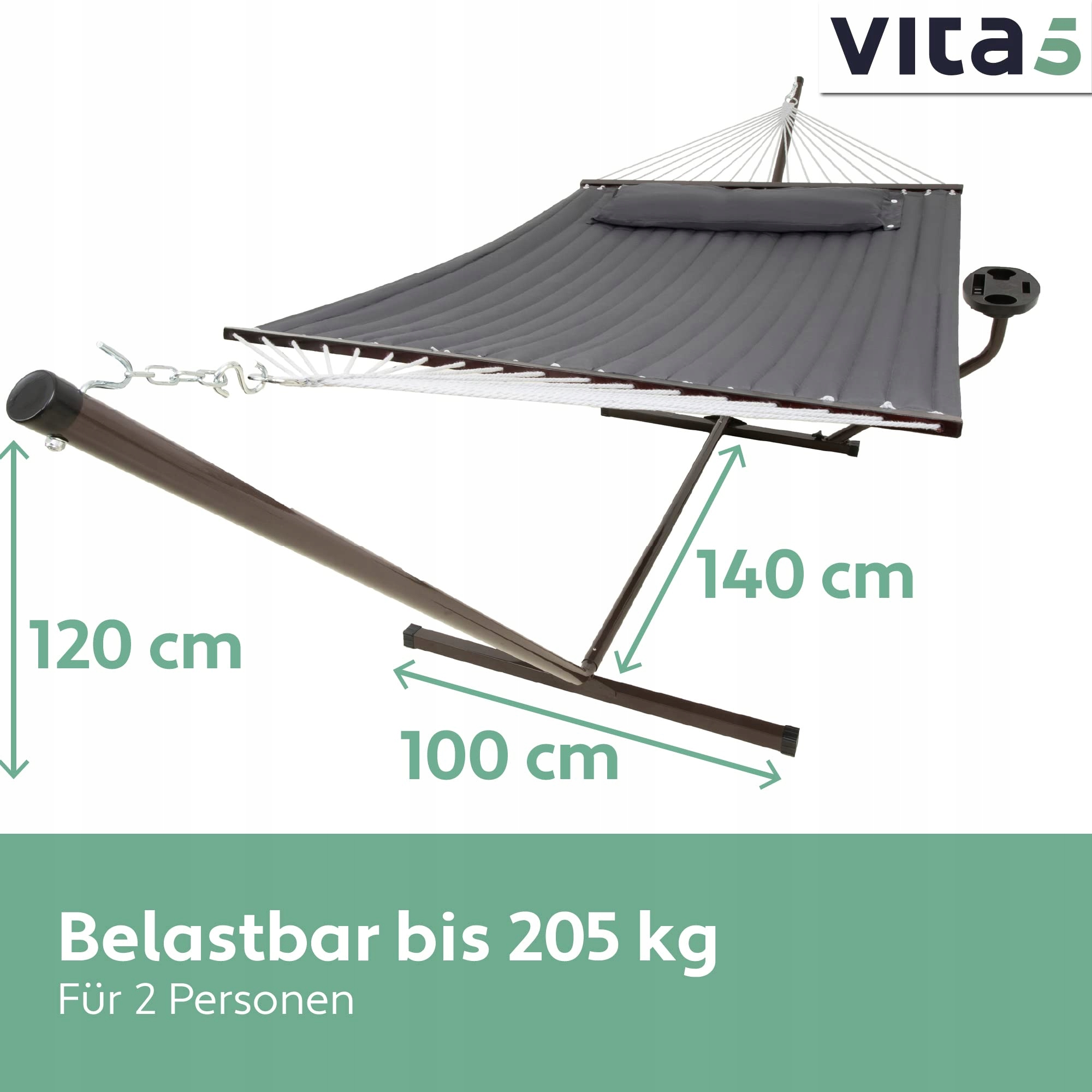 VITA5 Hamak Zestaw Ogrodowy Balkonowy Tarasowy Dla 2 Osób 200kg Wersja 1 — miniatura 3