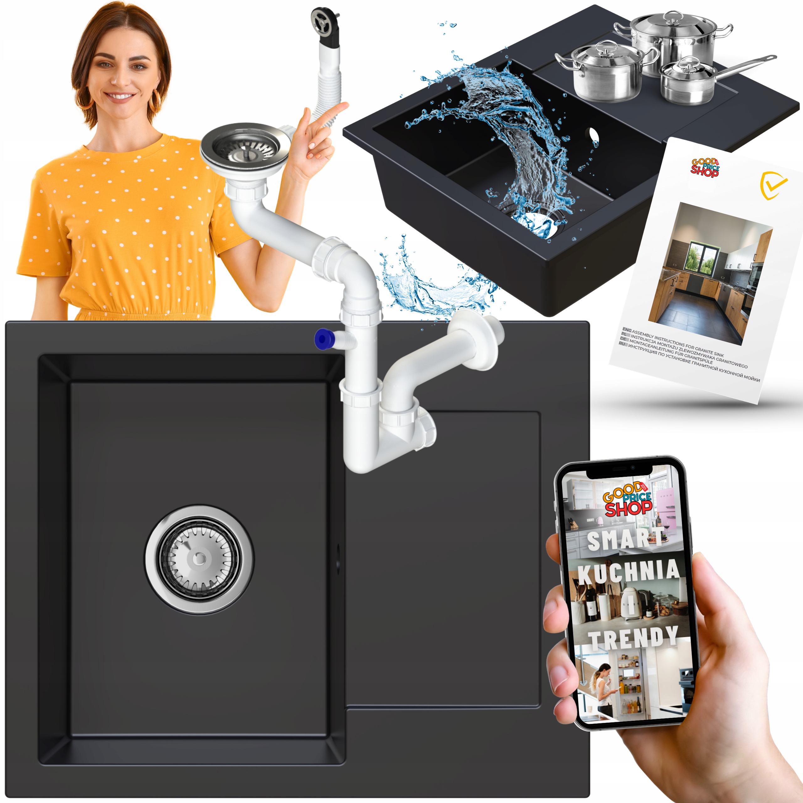 Granitový Dřez Jednokomorový S Odkapávačem Černý Sifon Chrom 6v1