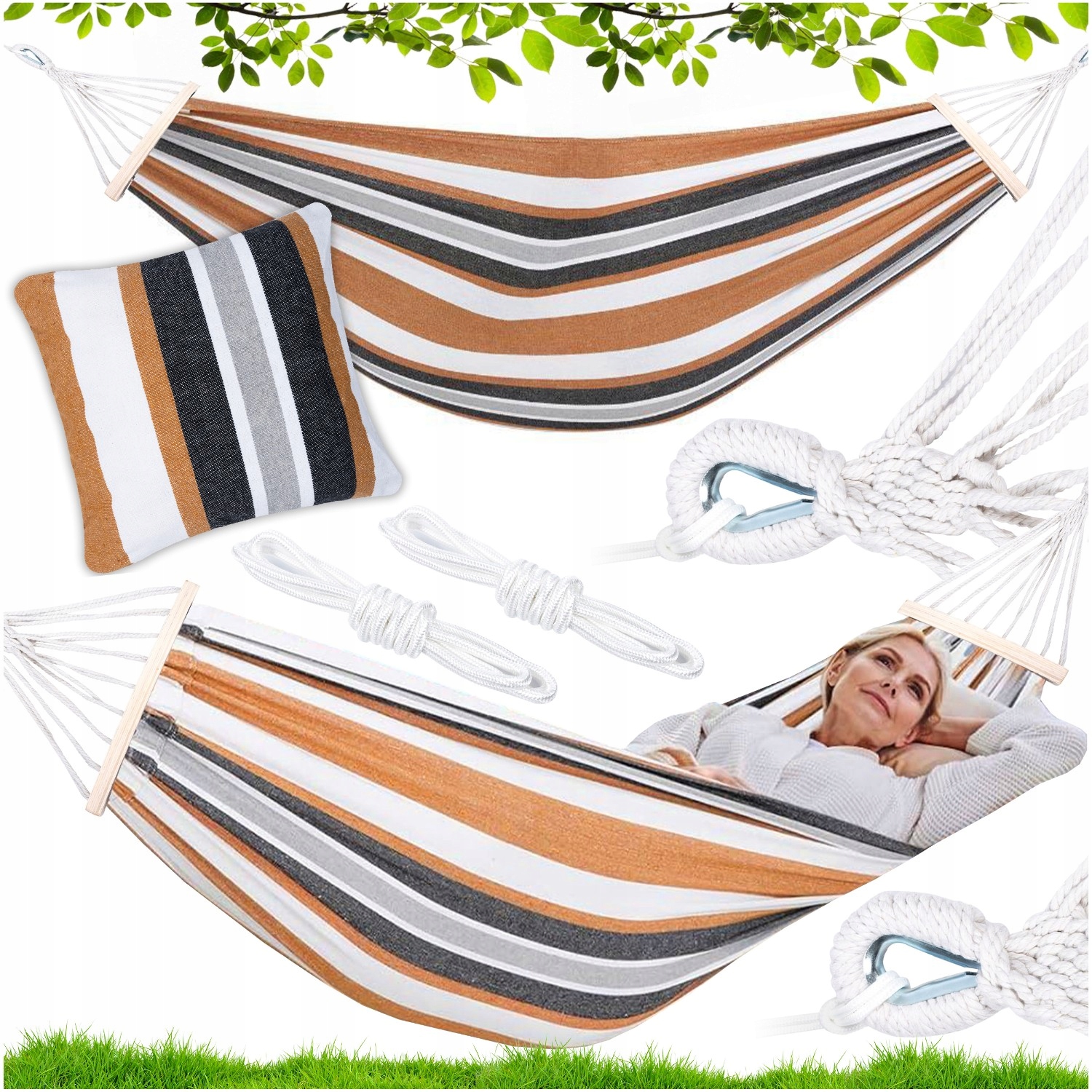 HAMAK OGRODOWY Z POPRZECZKĄ DWUOSOBOWY Huśtawka STRIP PODUSZKA Premium Set