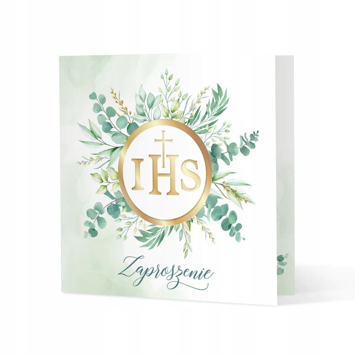 Zaproszenie na Komunię Komunijne 1szt Eukaliptus Złoty IHS
