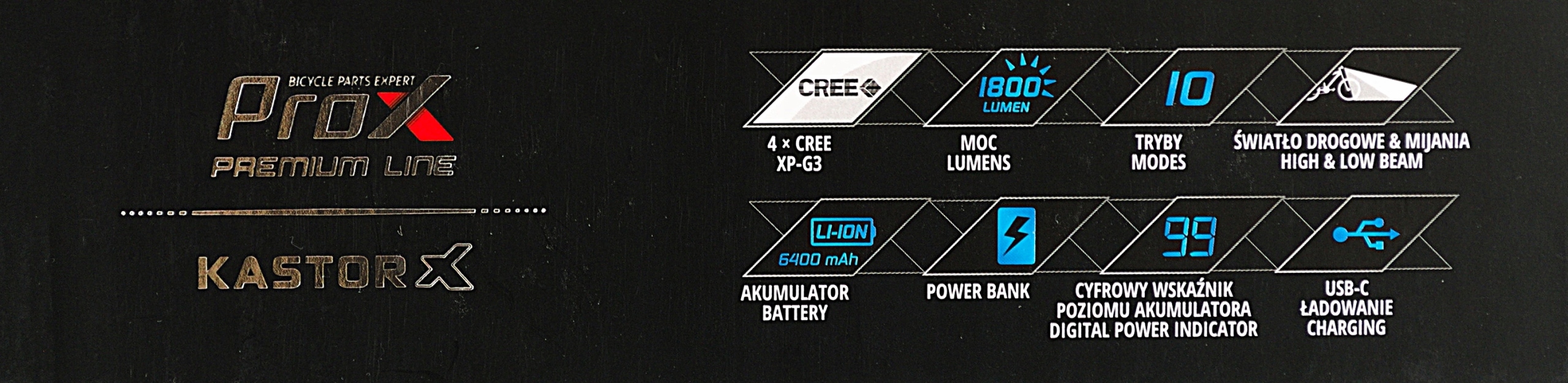 LAMPKA PROX KASTOR X 1800LM POWERBNK 6400mAh USB-C Rodzaj przednie