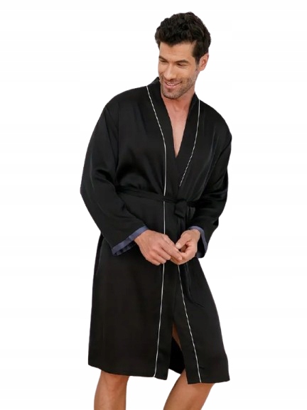 Pánský Tenký Župan Ze Saténu, Elegantní Černý Župan S Přehozem Pro Muže XL