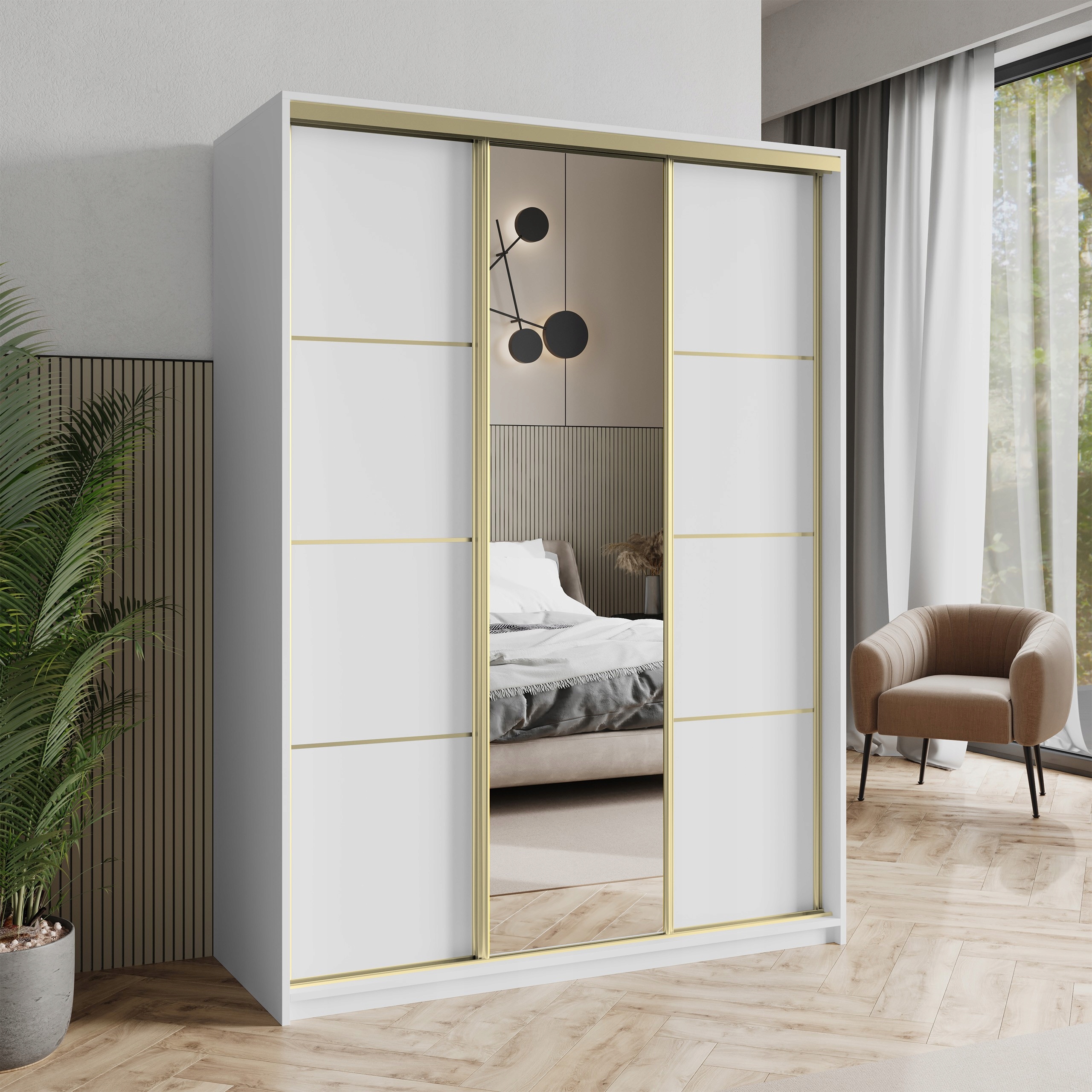 Skříň Třídveřová Varo 150 cm se zrcadlem Zásuvky Bílá Zlatá