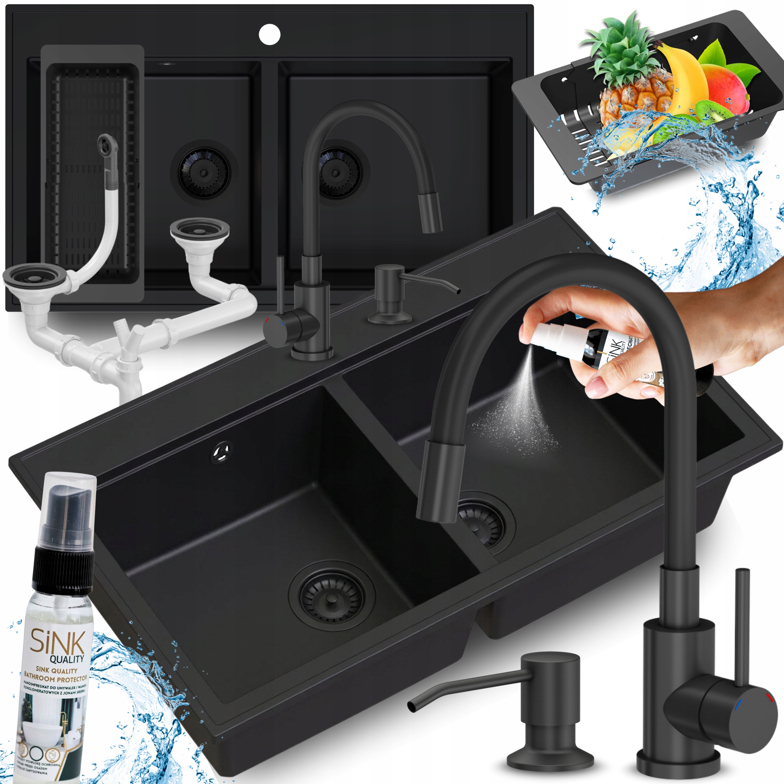 Dvojkomorový Granitový Čierny Hlboký Drez S Kuchynskou Batériou