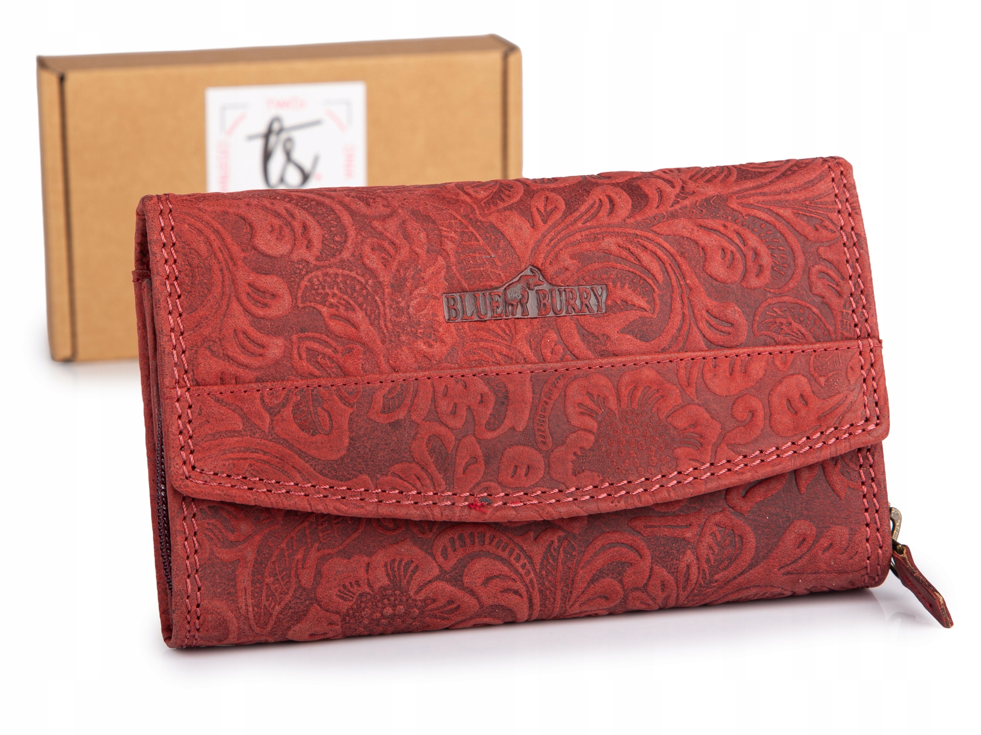 Velká dámská kožená červená peněženka z přírodní surové kůže s květinami