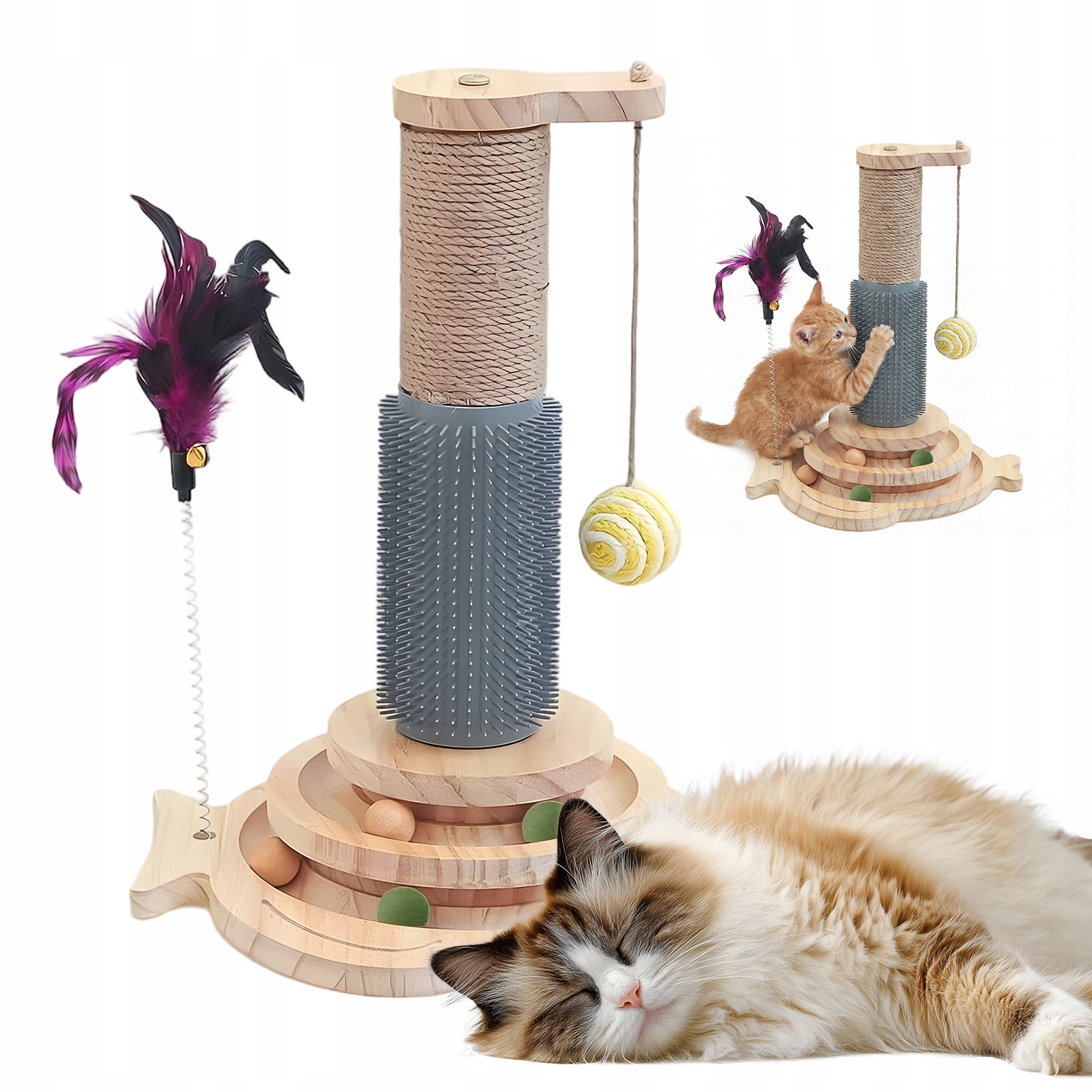 Levně Dřevěné Hračky Pro Kočky S Kuličkami A Sloupkem Pro Škrábání A Masírování