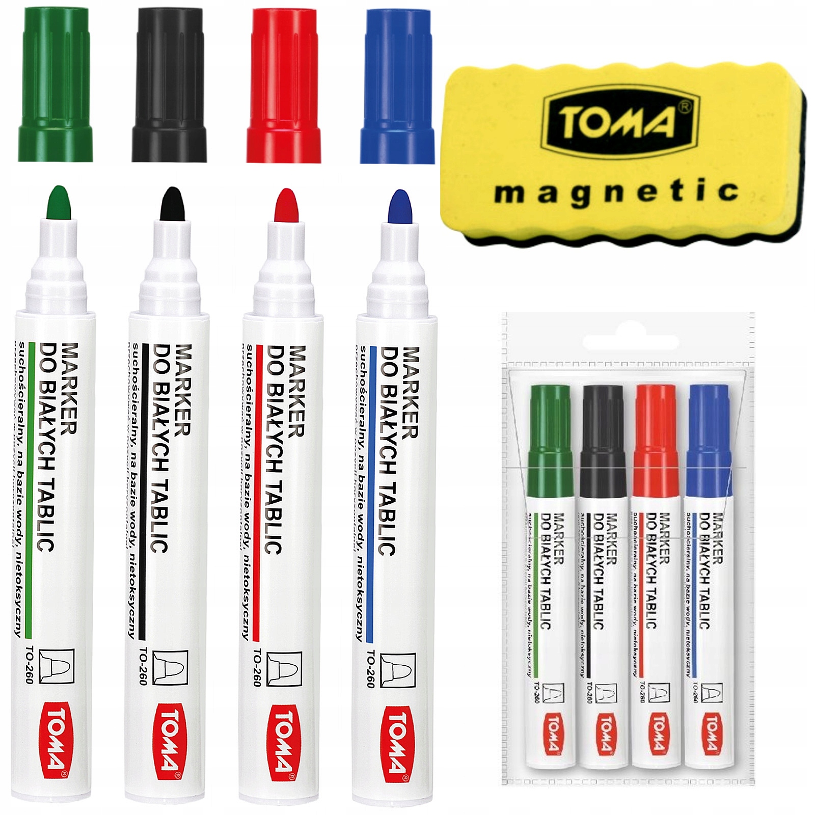 MARKERY SUCHOŚCIERALNE DO BIAŁEJ TABLICY 4 KOLORY + GĄBKA MAGNETYCZNA TOMA