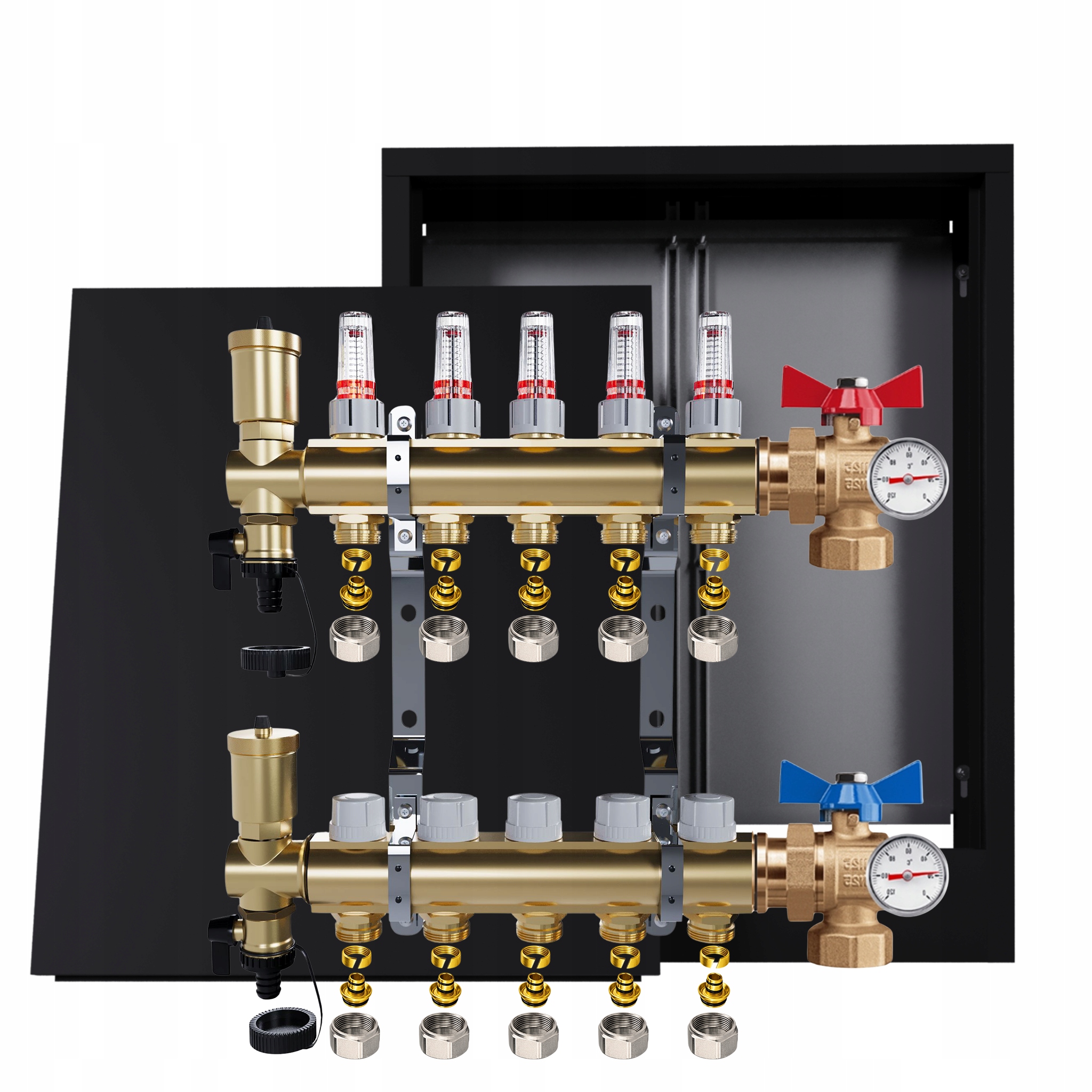 Rozdělovač Pro Podlahovou Krytinu 5 Okruhů Ventily Teploměr Skříňka Pex