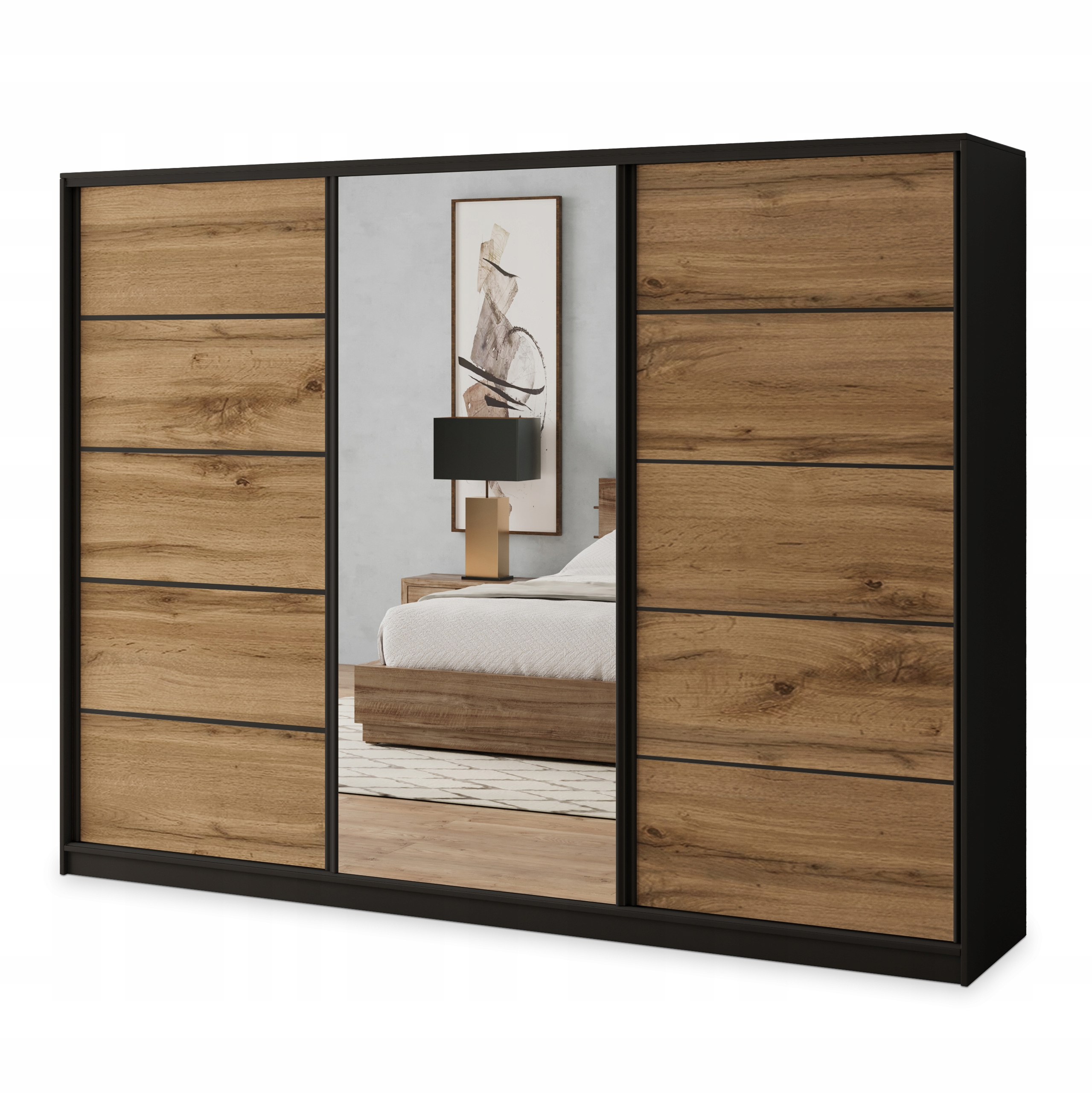 Skříň 270 cm se zrcadlem Zásuvky Police Černá Dub Wotan