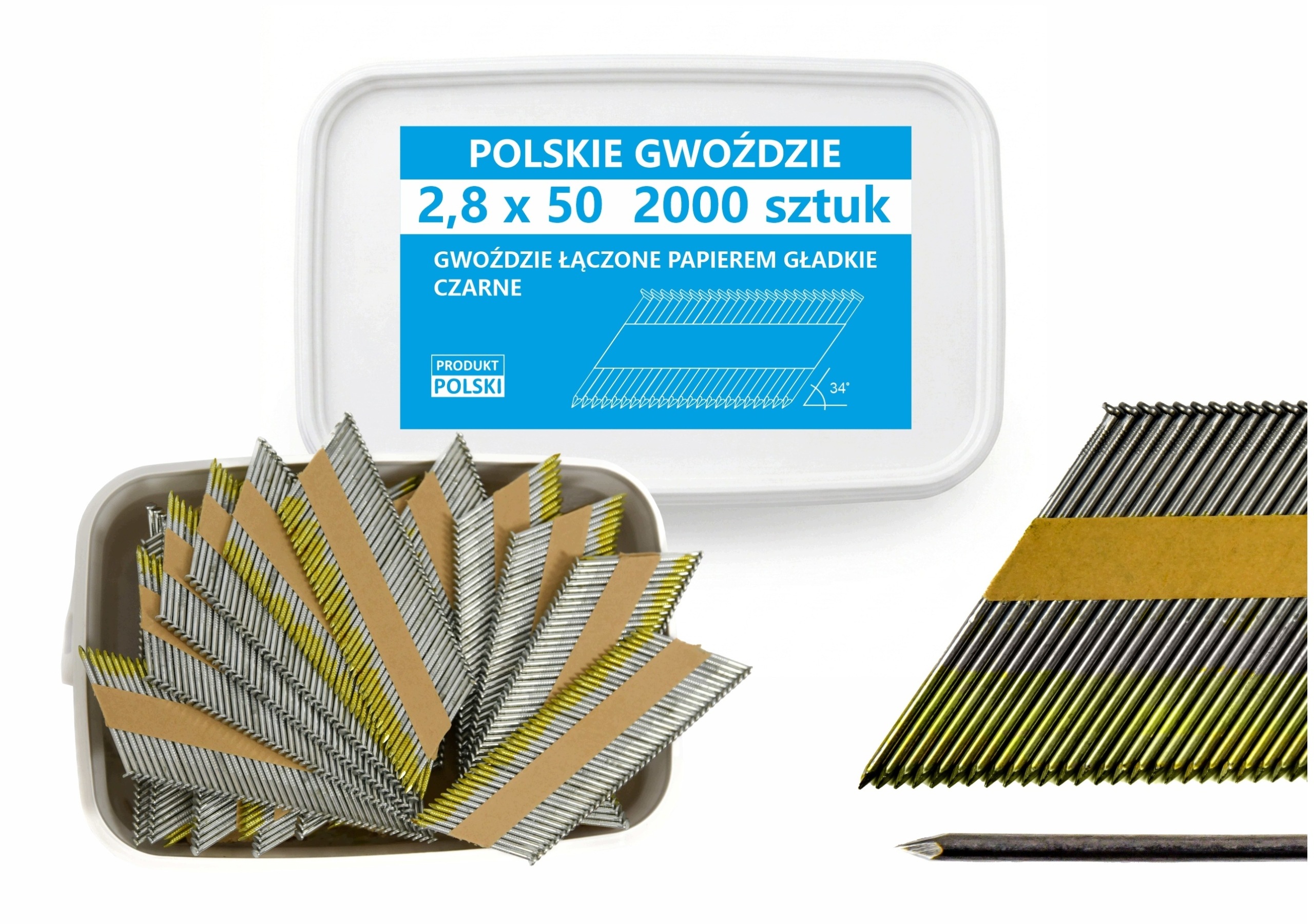 Hřebíky do hřebíkovačky spojené papírem 2,8x50mm 34° Černé 2000ks