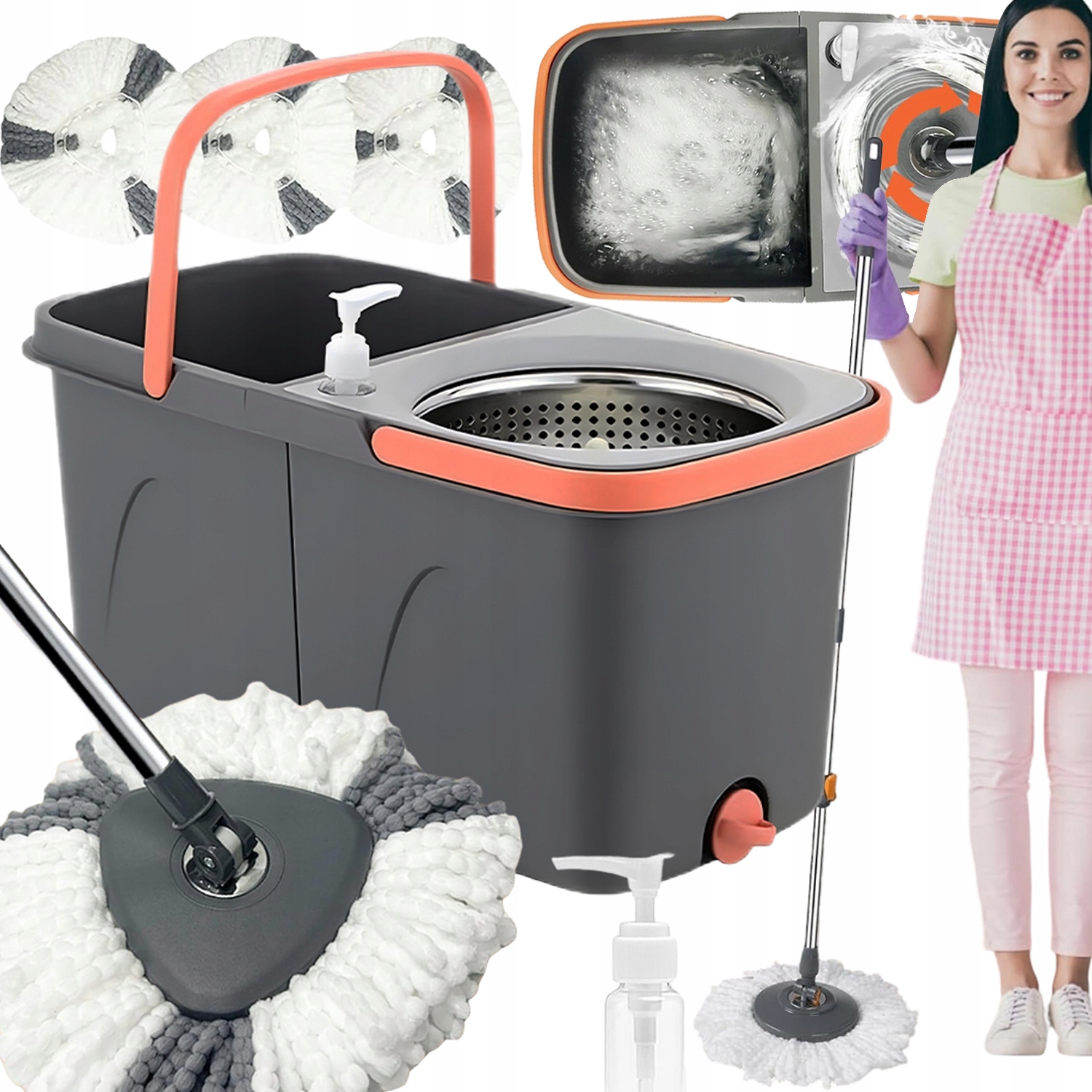 Levně 2V1 Rotační Mop 360 Podlahový Turbo 3 Nástavce Mikrovlákno Kbelík
