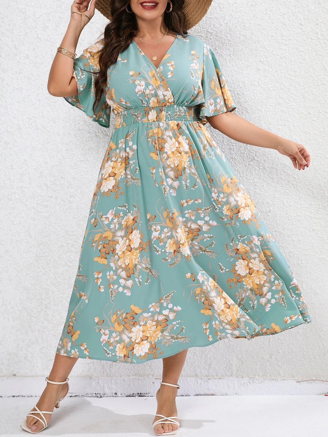 SHEIN MIĘTOWA SUKIENKA A-LINE W KWIATY Z MARSZCZENIEM XL 66603 Marka Shein