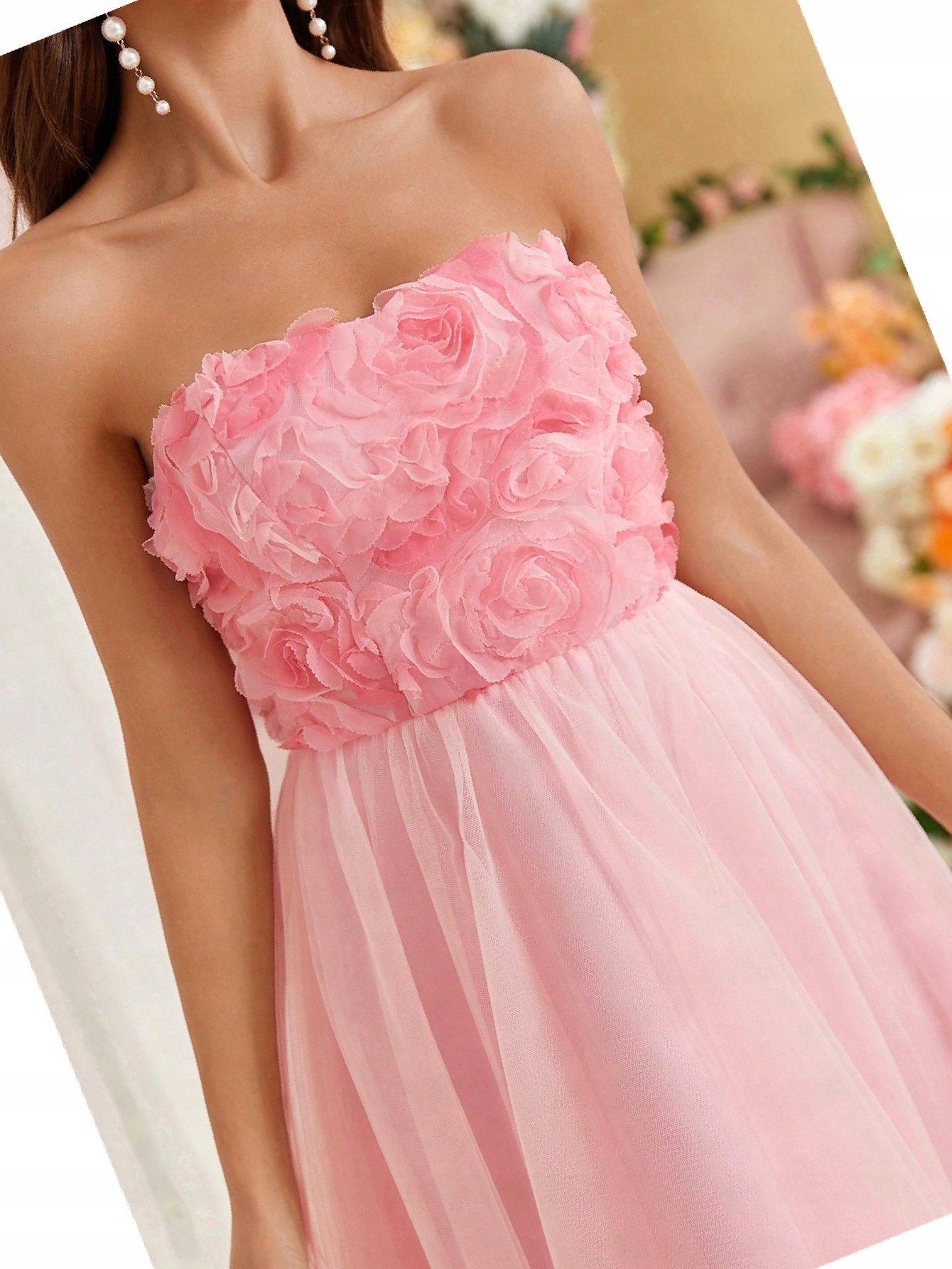 Šaty Dámská prošívaná růžová s květinami 3D Večerní L 40