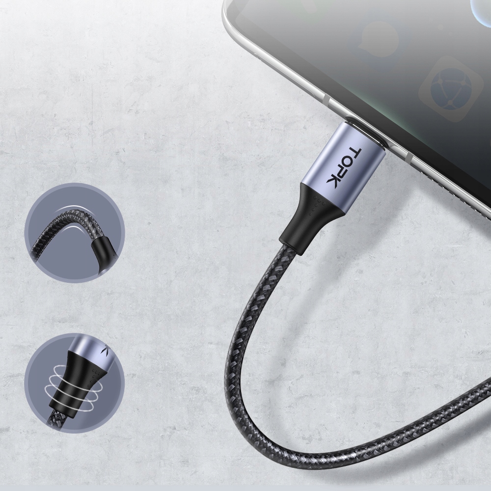 Szybki Kabel USB- USB C / USB typ C 2 metry TOPK Złącza USB - USB typ C