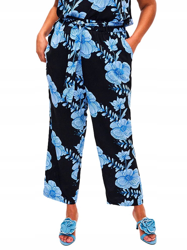 Plus Size Zizzi Černé Květované Kalhoty Na Léto Se Zavazováním 036C 44