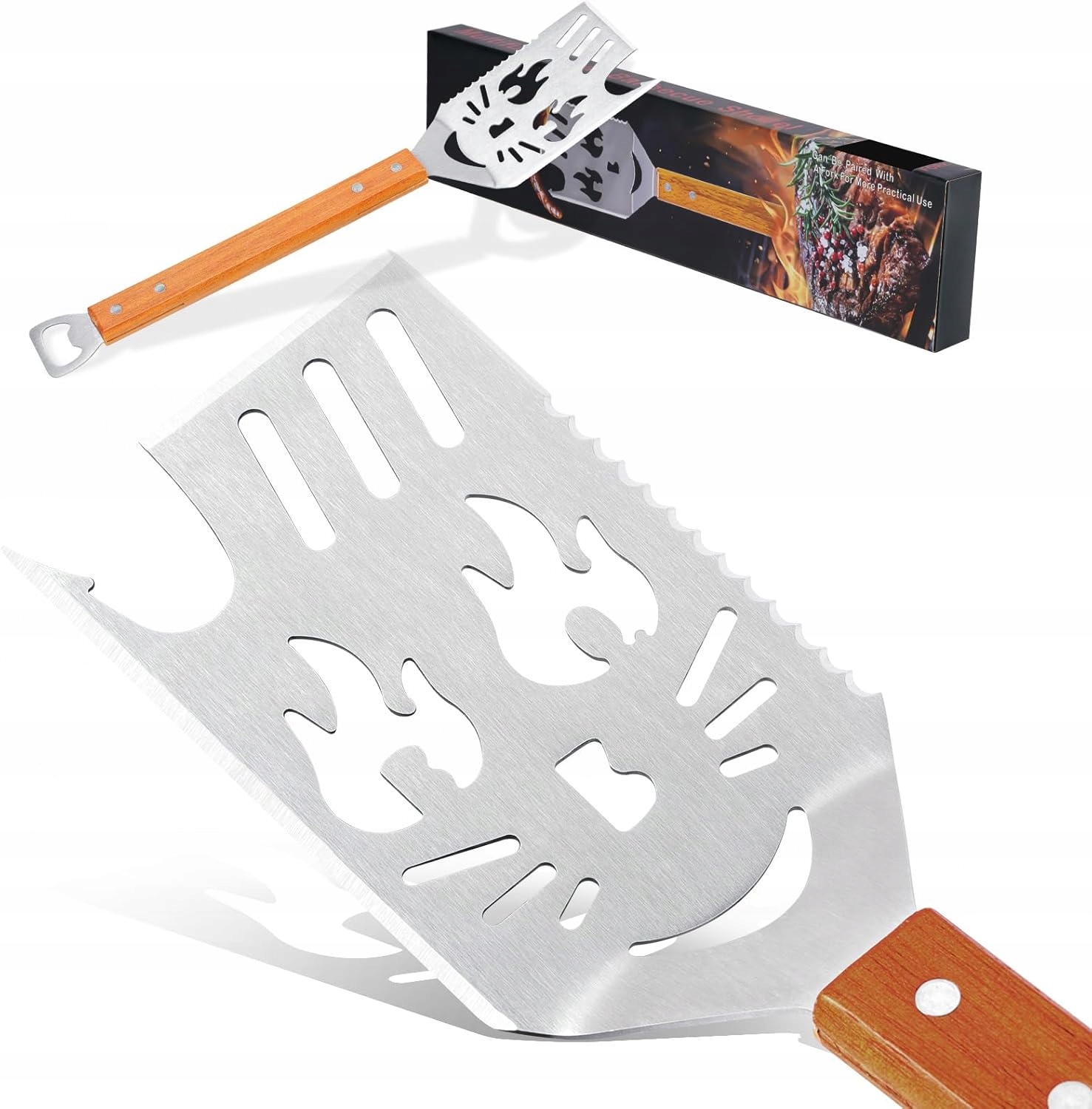 Flintronic grilovací lopatka 8 v 1 – nerezová ocel a dřevěná rukojeť