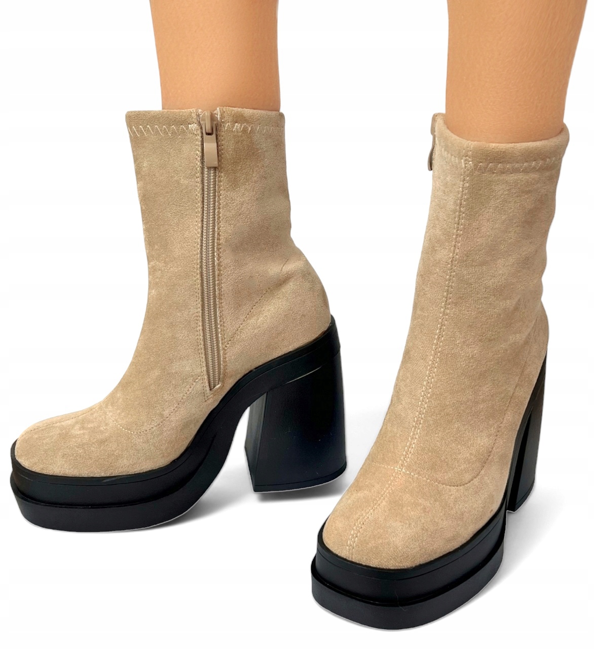 Dámské semišové kozačky Kotníkové Boty se zapínáním na zip, béžové, silná podrážka *40*