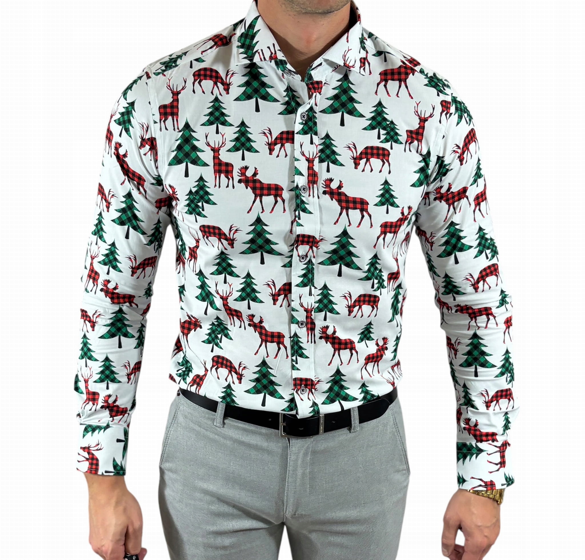 Košile slim fit vánoční bílá s vánočními stromky ESP029 XXL