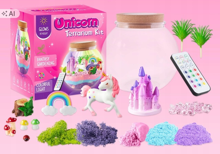 Zestaw kreatywny terrarium jednorożce lampka LED pilot piasek kinetyczny