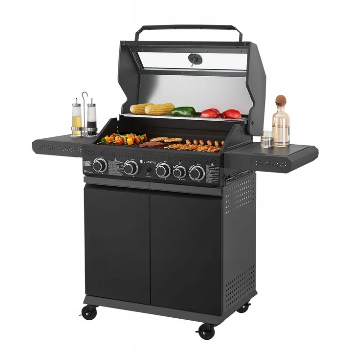 Grill gazowy 4 palniki 1 boczny stalow XXL 14,5 kW żeliwny ruszt półki