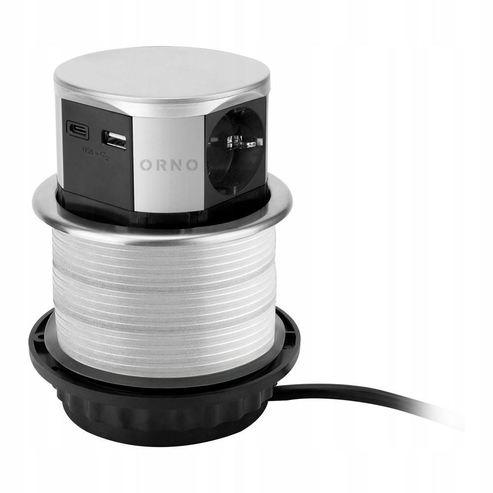 Nábytková zásuvka Ø10 cm 1,5 m, 3x2P+Z (Schuko), 2xUSB, stříbrná