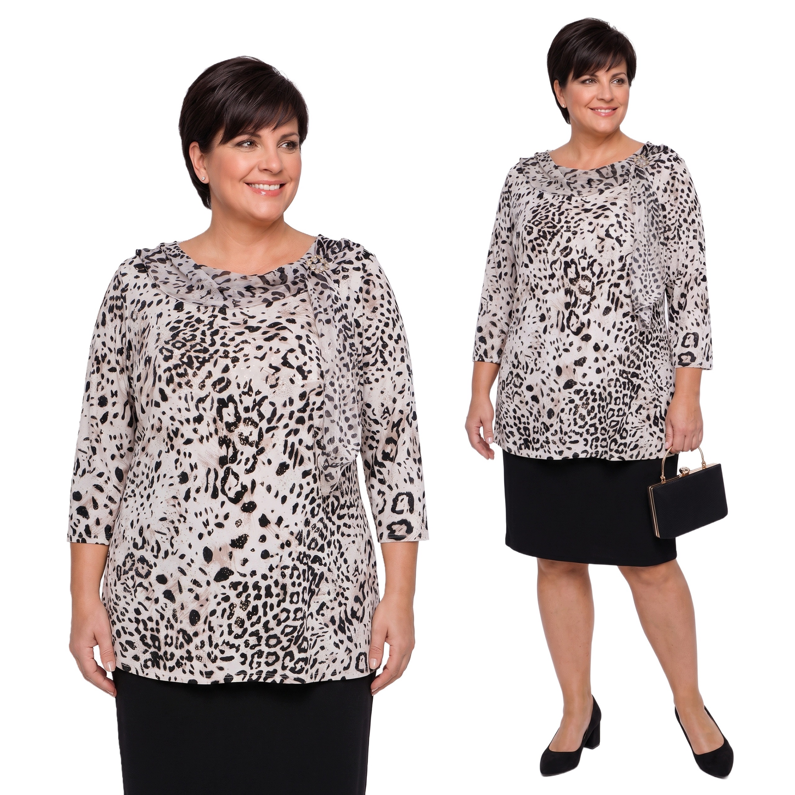 Bílá tunika s leopardím vzorem a broží plus size velikost 50