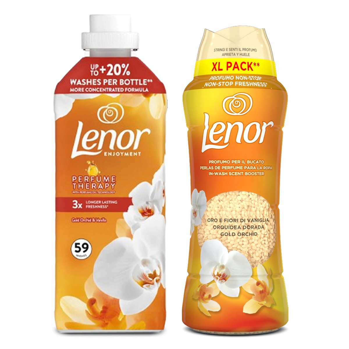 Levně Sada Lenor Vanilla Orchid tekutá aviváž 1,25 l vonné perličky 495 g