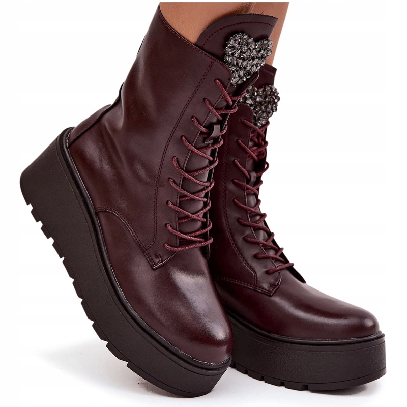 Kotníkové Boty Workery Z Přírodní Zateplené Kůže Ozdoba Vínová 39