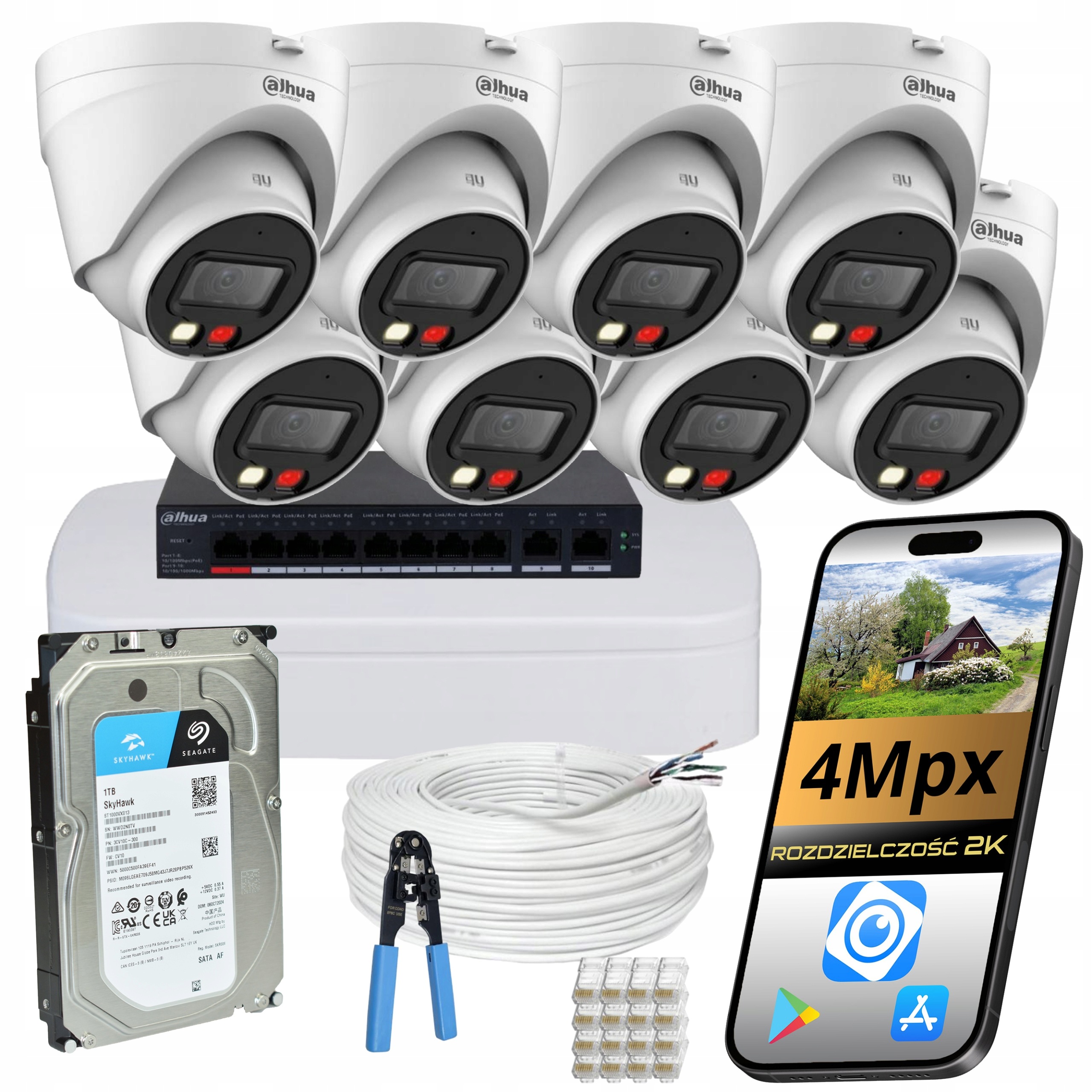 Mopnitoring Ip PoE Dahua 8 Kamer 4MPX Síťový Záznamník Kompletní Disk