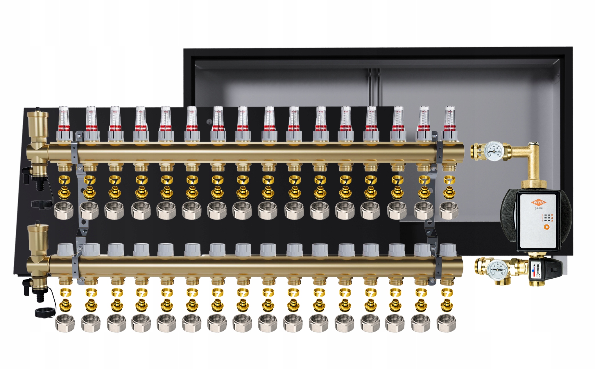 Rozdělovač pro podlahu 16 okruhů s čerpadlem Wita podomítková skříňka +pex