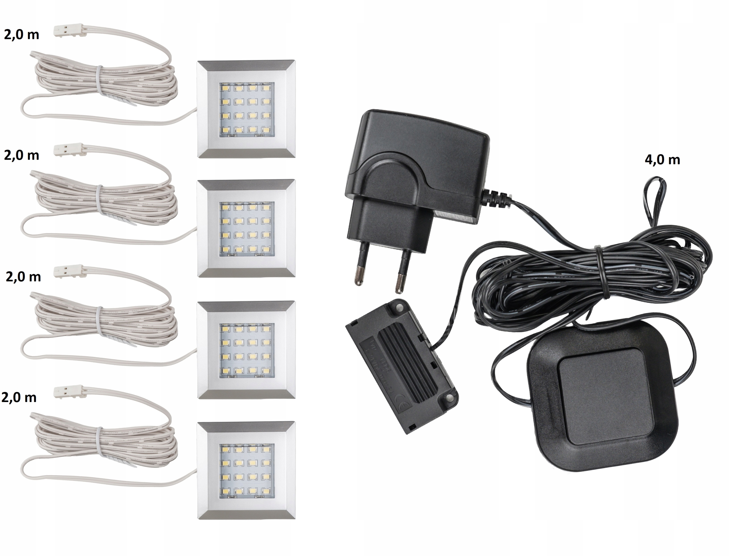 Led osvětlení Square 4 body bílá studená barva s napájecím zdrojem pro výklenky a skříně