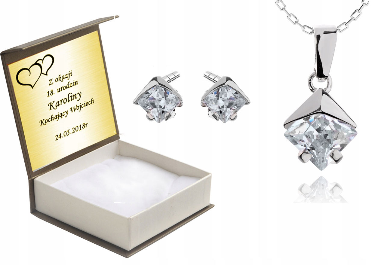 

Komplet Biżuterii Srebrnej Z Cyrkoniami + Grawer