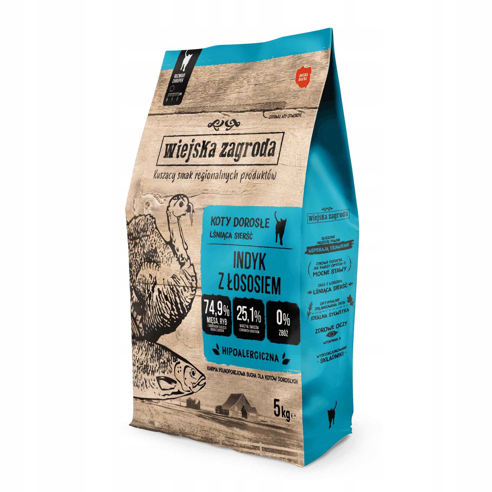 Wiejska Zagroda Karma sucha dla kota Indyk z łososiem (dorosły) 5kg